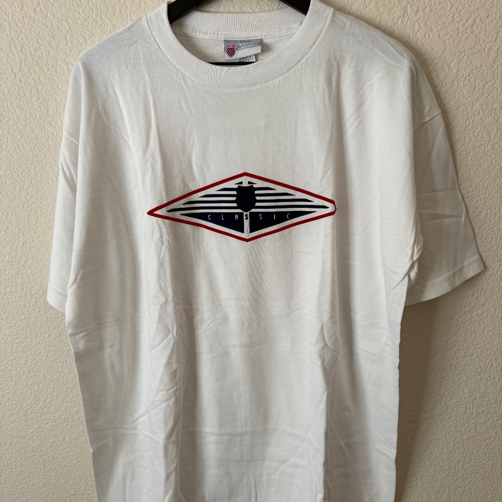 K-Swiss Men's Quali-Tee Shirt Withe with Red/White/Blue Logo New with Tags SizeL